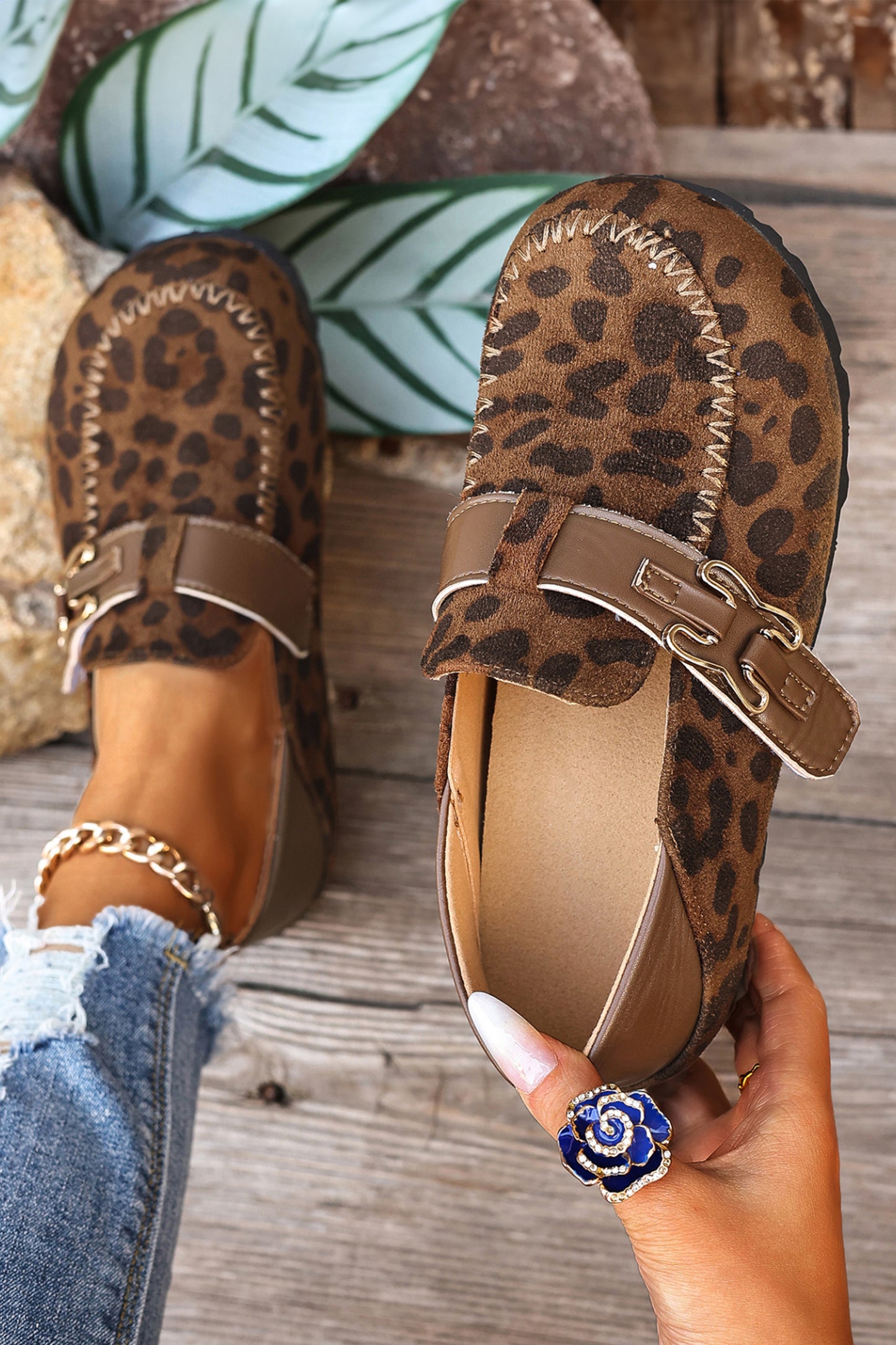 Coffee Retro Buckle Flats