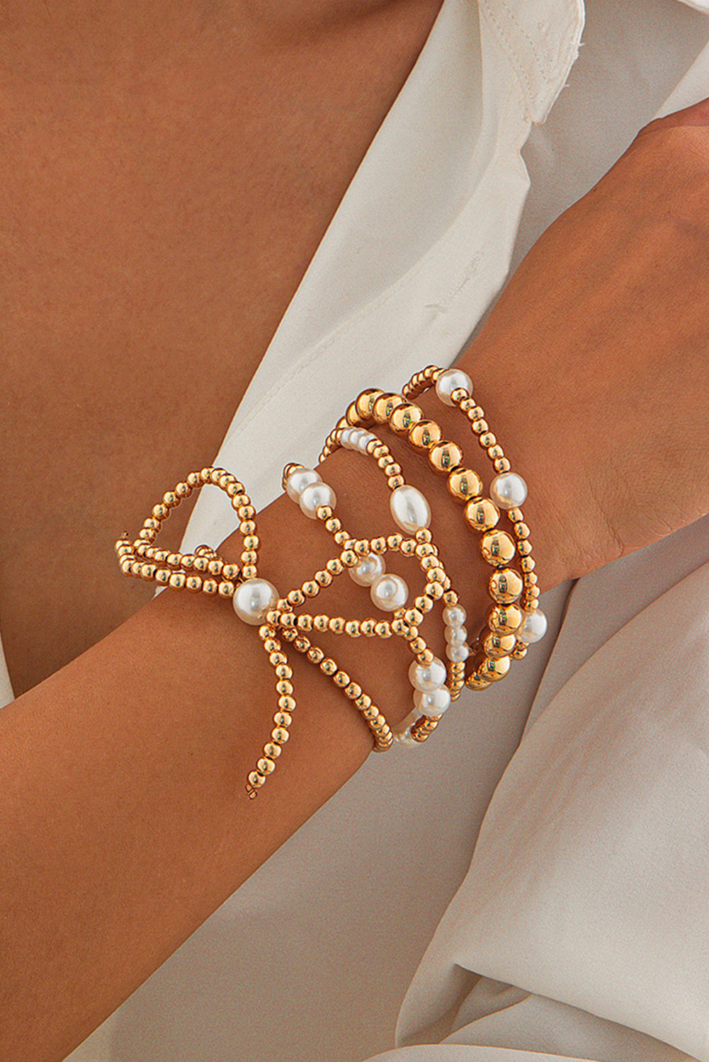Gold Bow Pearl Bracelet Set