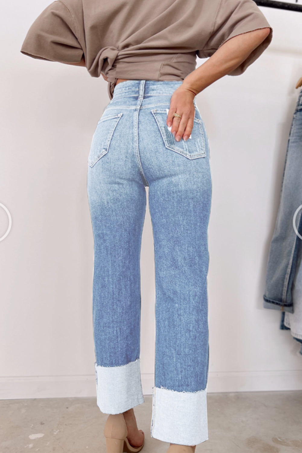 Sky Blue Distressed Straight Jeans