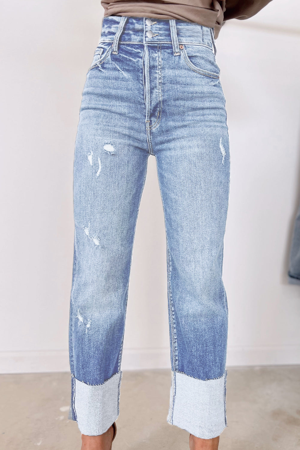 Sky Blue Distressed Straight Jeans