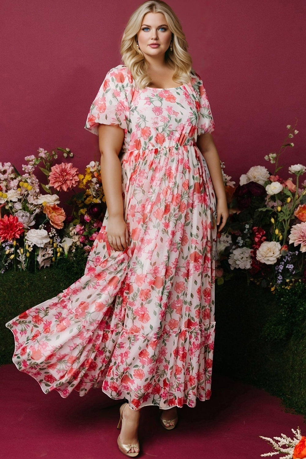 Pink Floral Puff Sleeve Maxi Dress