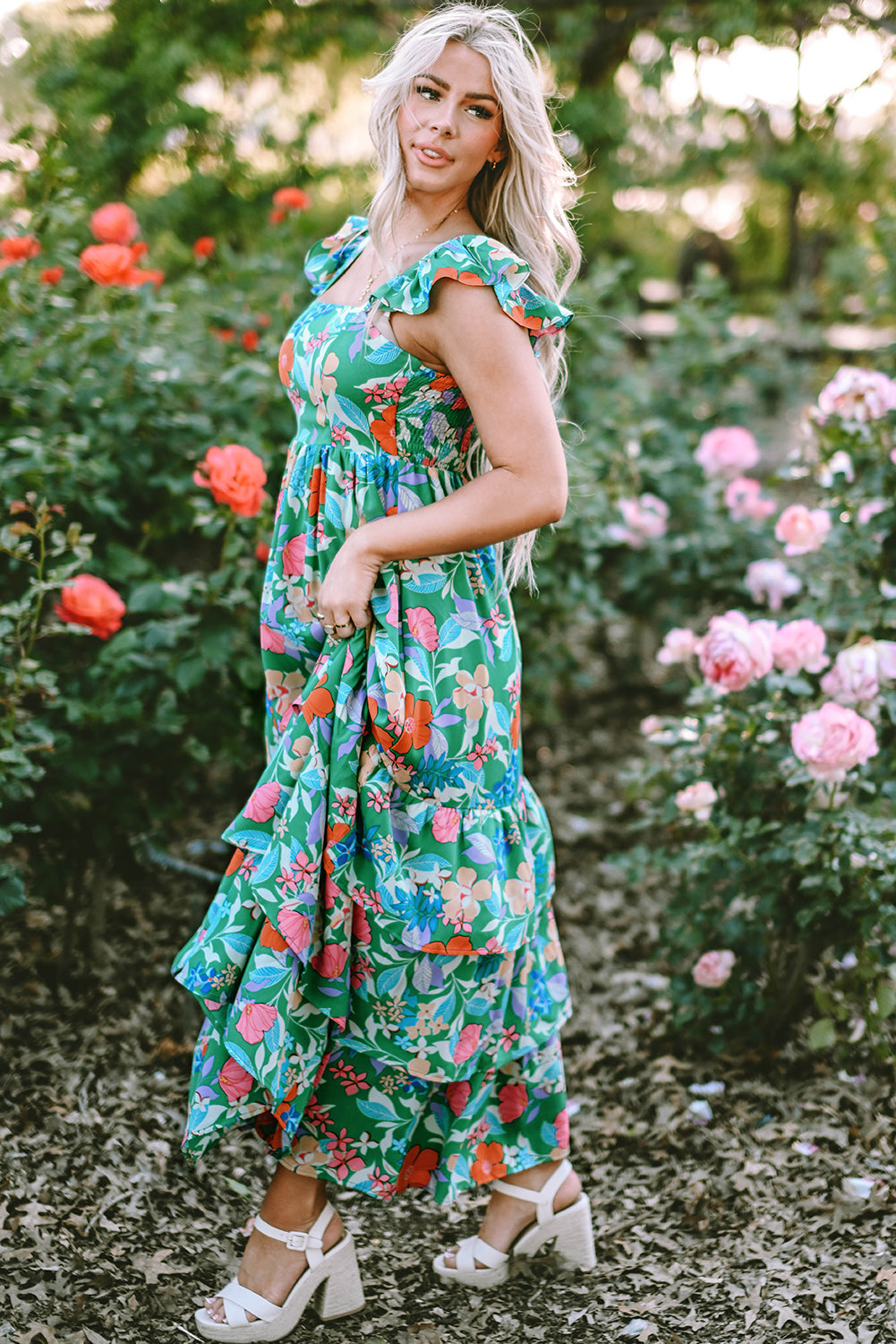 Green Floral Ruffle Maxi Dress