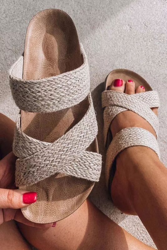 Beige Woven Cross Strap Slides