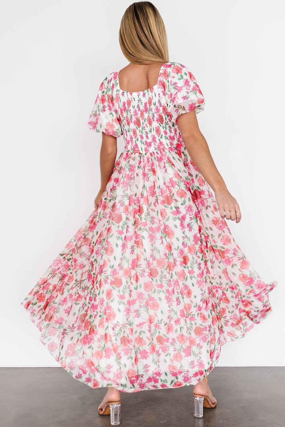 Pink Floral Puff Sleeve Maxi Dress