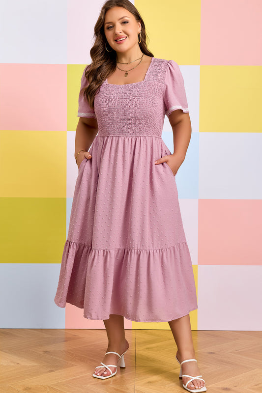 Pink Swiss Dot Smocked Midi Dress