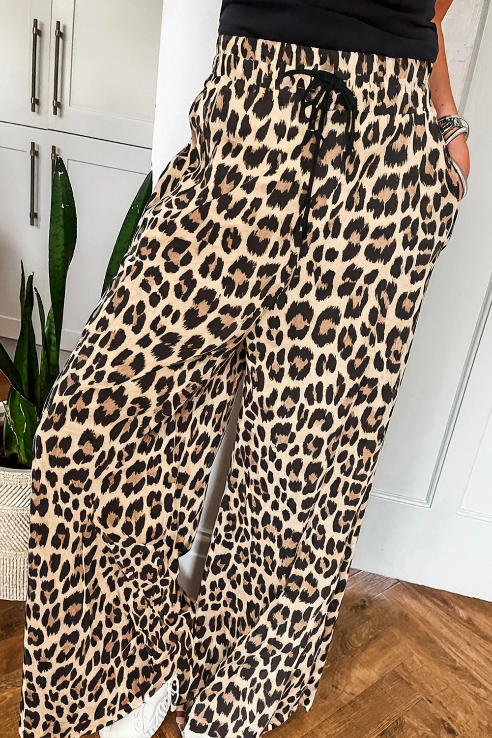 Leopard Drawstring Wide Leg Pants