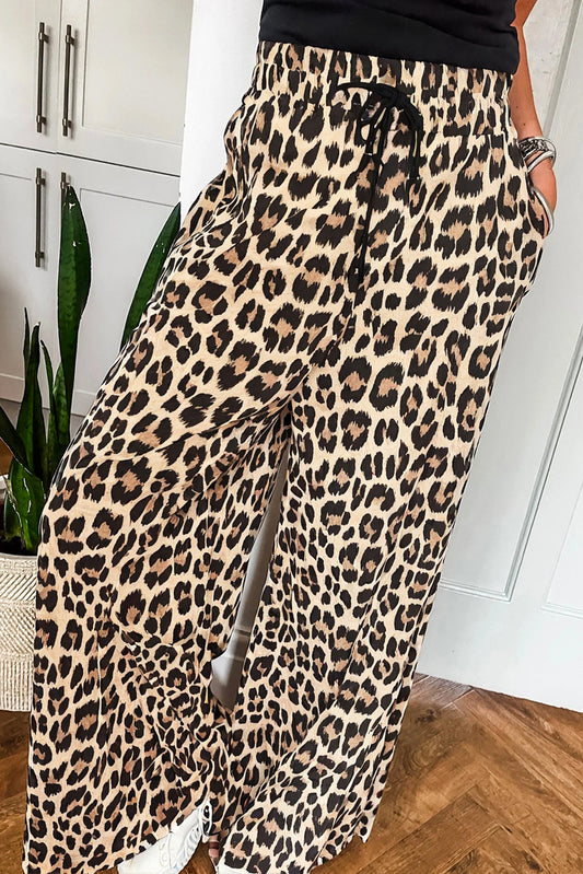 Leopard Drawstring Wide Leg Pants