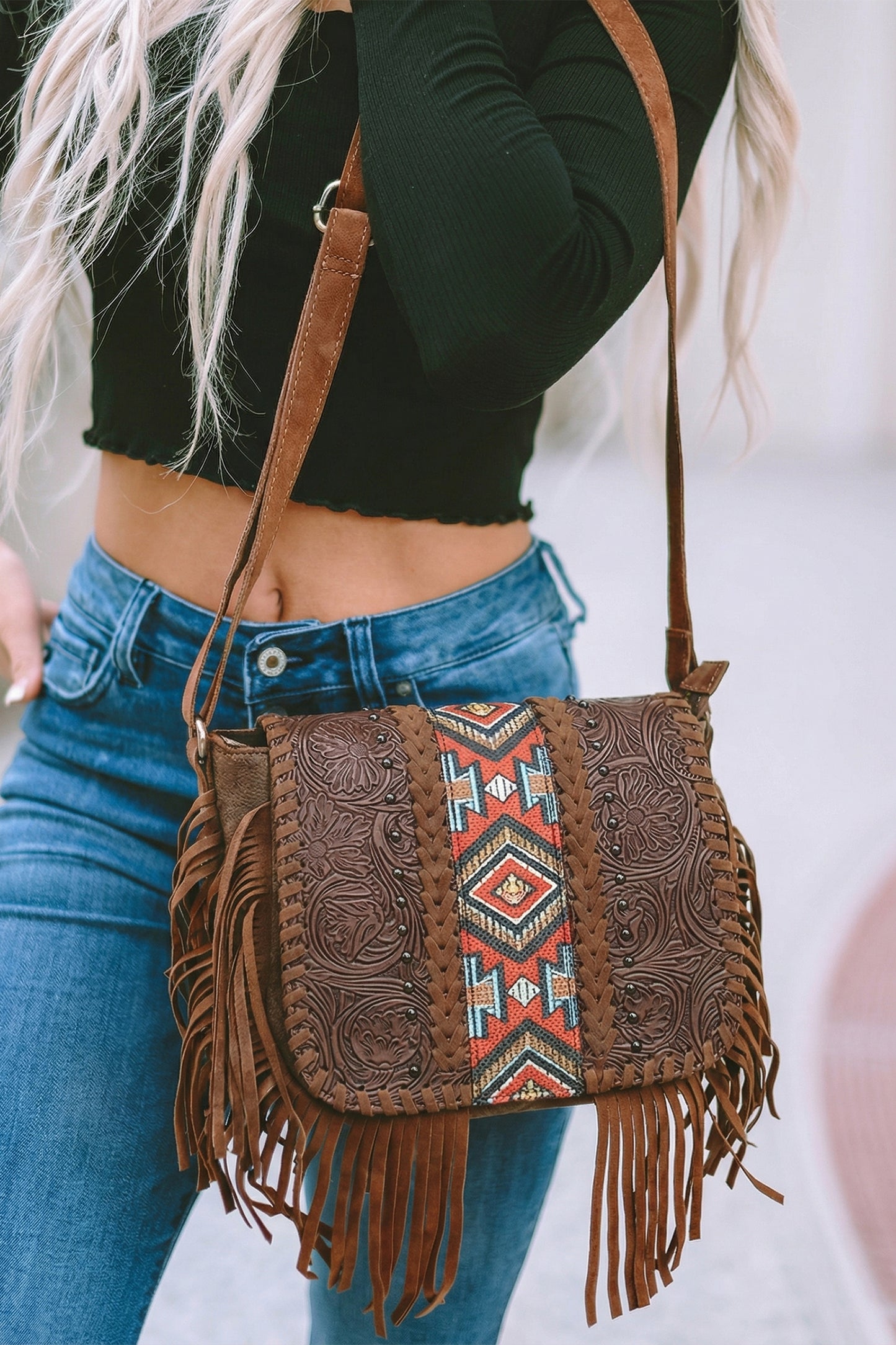 Coffee Aztec Tassel PU Leather Bag