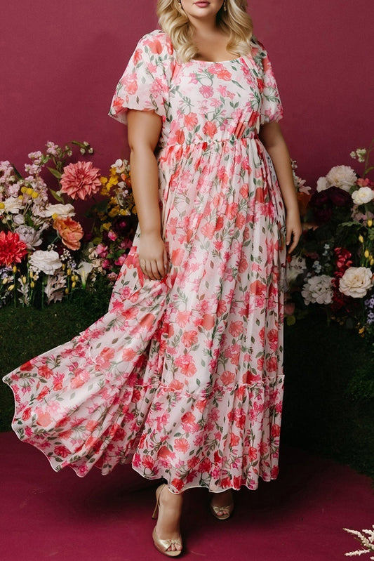 Pink Floral Puff Sleeve Maxi Dress